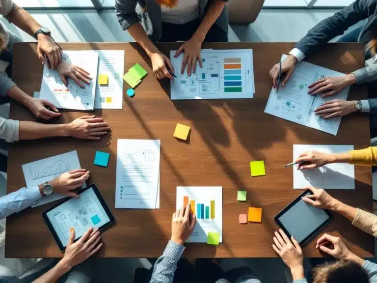 Diverse Hände um modernen Konferenztisch mit Projektdokumenten, Tablets und Workflow-Diagrammen in hellem Büro