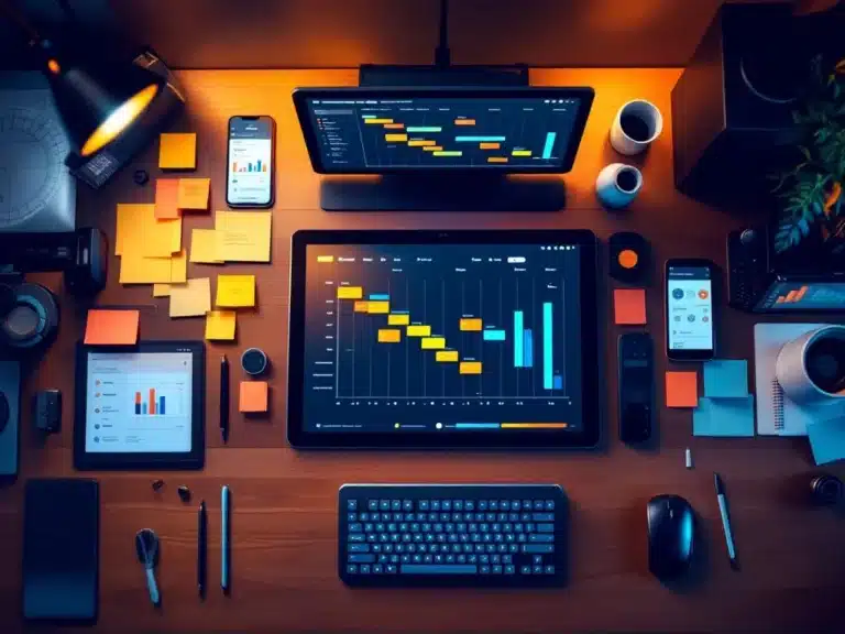 Moderner Büroschreibtisch mit Tablets, Smartphones, Gantt-Diagrammen und Projektmanagement-Tools in Vogelperspektive