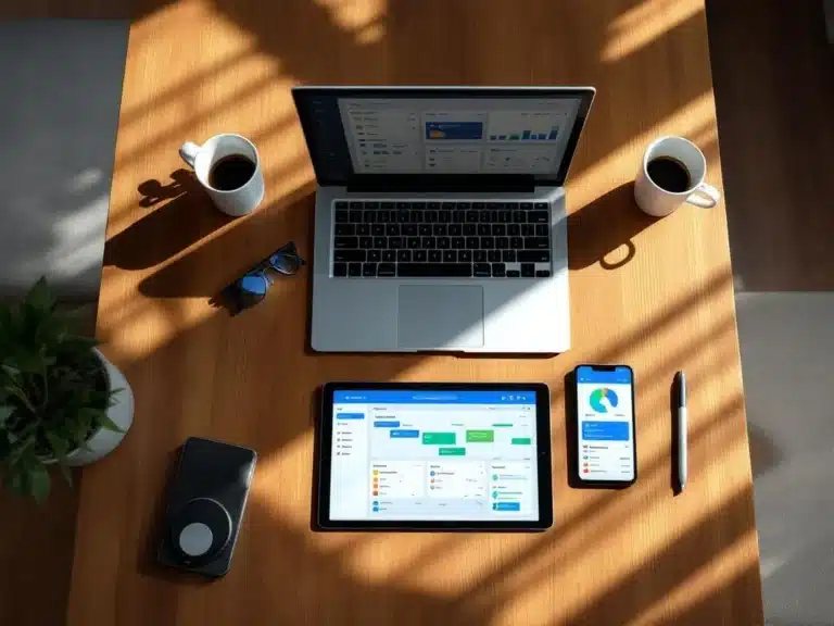 Eleganter Holzschreibtisch mit Laptop, Tablet und Smartphone zeigt bunte Projektmanagement-Dashboards und Kanban-Boards.