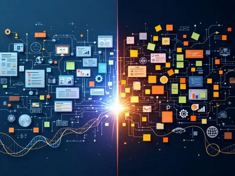 Projektmanagement-Vergleich: Wasserfall-Methode links mit strukturierten Diagrammen, Agile rechts mit Sprint-Boards, verbunden in der Mitte