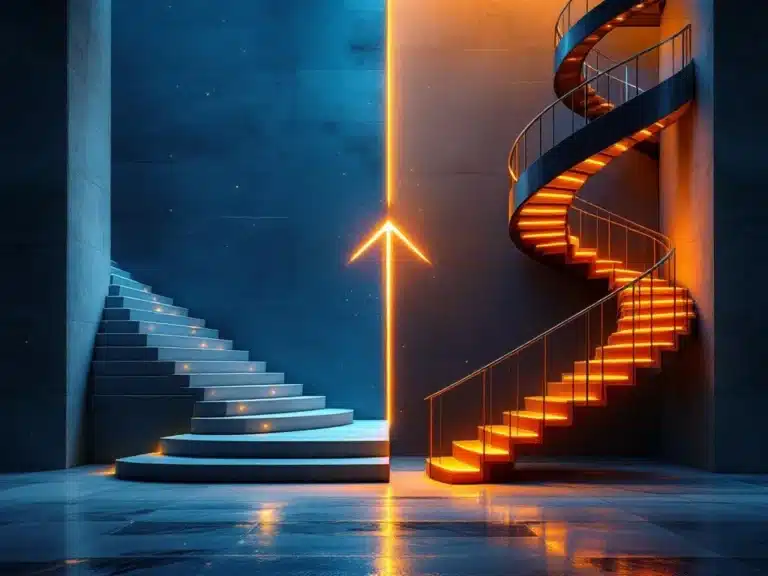 Split-Screen-Vergleich: lineare Betonstufen für Wasserfallprojektmanagement vs. spiralförmige Plattformen für agile Methodik