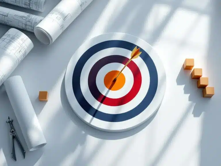 Zielscheibe mit goldenem Pfeil im Bullseye, umgeben von Projektmanagement-Tools wie Kompass und Bauplänen auf weißem Schreibtisch