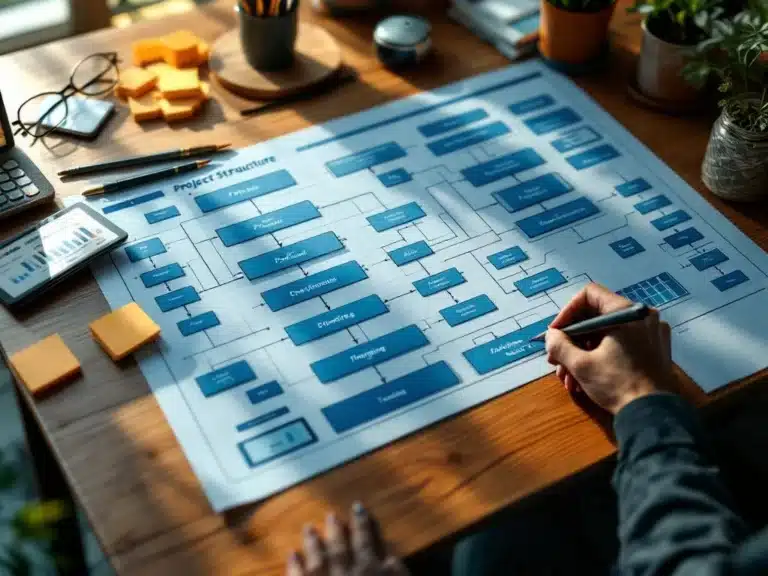 Projektstrukturplan mit Flussdiagramm auf Holzschreibtisch, umgeben von Planungstools und digitalem Tablet