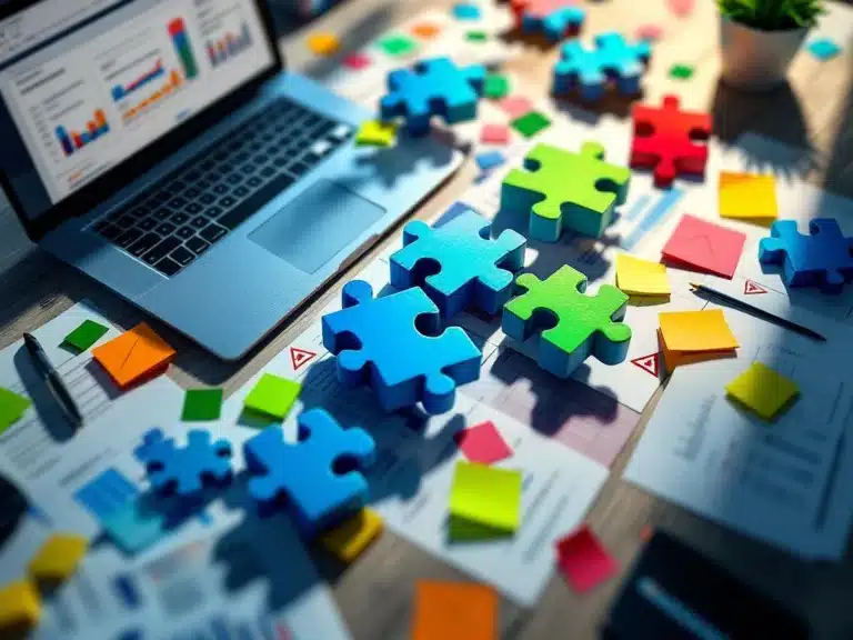 Moderner Büroschreibtisch von oben mit Projektplanungsdokumenten, bunten Haftnotizen und Laptop mit Dashboard-Interface