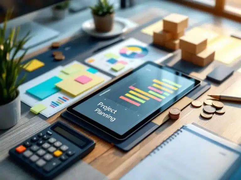 Moderner Büroschreibtisch mit Projektplanungsmaterialien: bunte Haftnotizen, Tablet mit Gantt-Diagramm und Taschenrechner