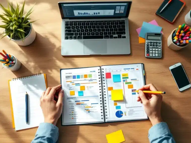 Projektplanungs-Arbeitsplatz mit Gantt-Diagramm im Notizbuch, Laptop, Stiften und Taschenrechner auf Holzschreibtisch