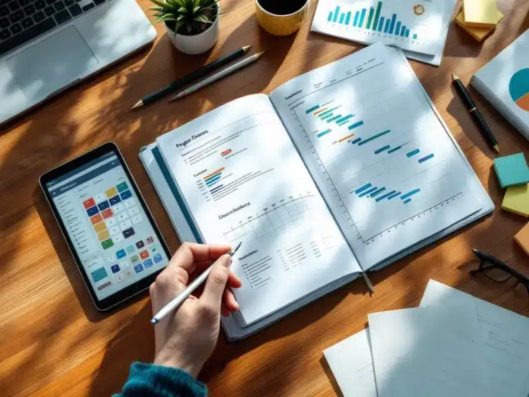Projektplanungs-Notizbuch mit Gantt-Diagrammen auf Holzschreibtisch, umgeben von Tablet, Stiften und Haftnotizen