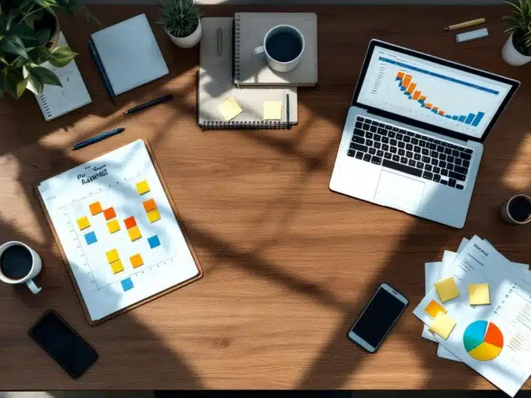 Moderner Holzschreibtisch mit geöffnetem Projektplanungs-Notizbuch, Gantt-Diagrammen, Laptop und Organisationstools
