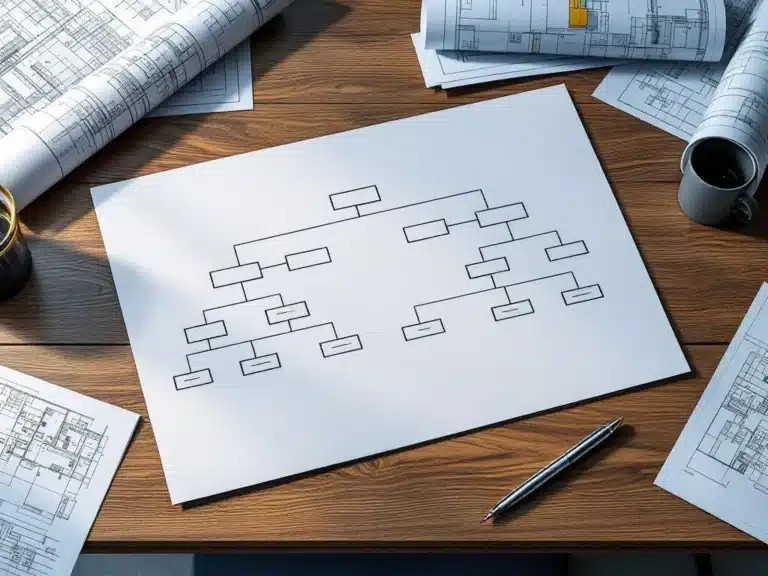Hierarchisches Projektstruktur-Diagramm auf weißem Papier mit Holzschreibtisch, Bauplänen und silbernem Stift