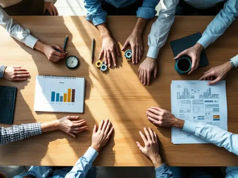 Diverse Hände greifen über modernen Konferenztisch mit Projektsymbolen: Kompass, Zahnräder, Kalender und Baupläne
