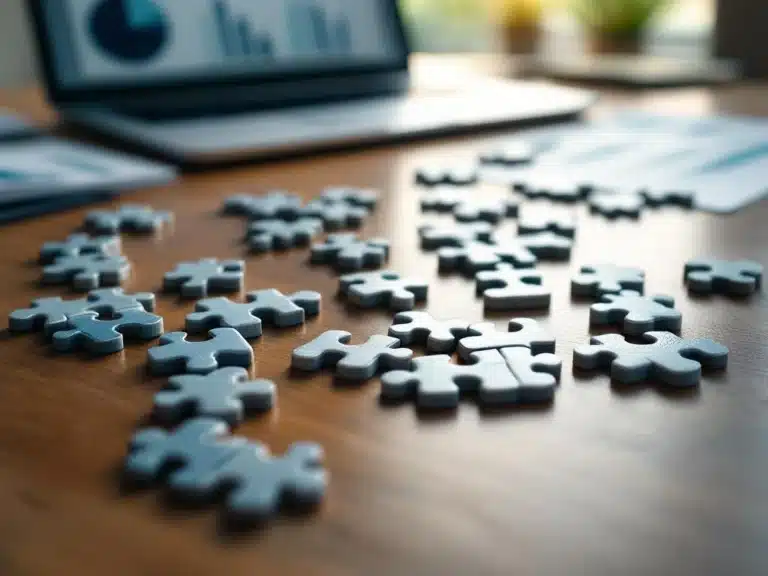 Unvollständige Puzzle-Teile auf Holzschreibtisch mit fehlenden Stücken, Laptop und Projektdokumente im Hintergrund