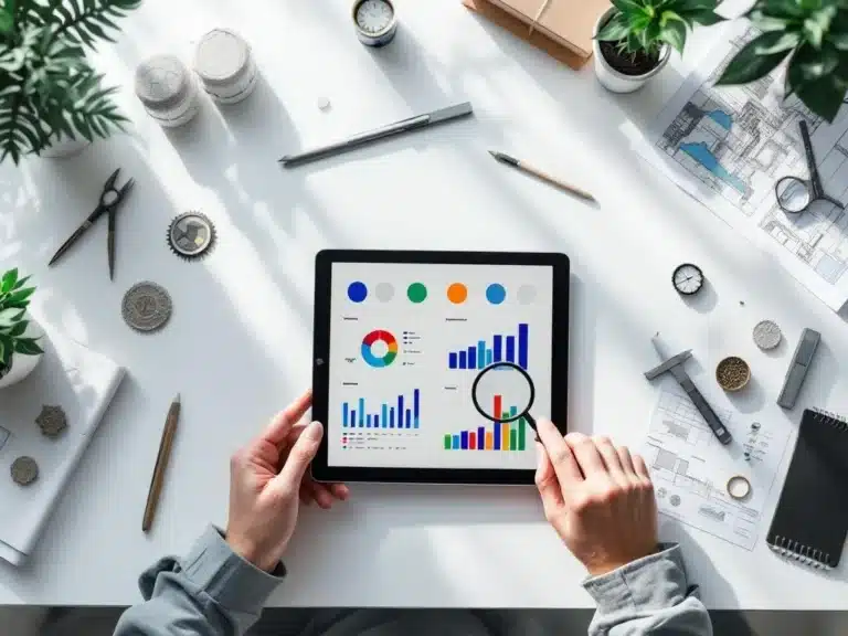 Digitales Tablet mit Projektdashboards und Qualitätskontroll-Tools wie Lupe und Messgeräte auf weißem Schreibtisch