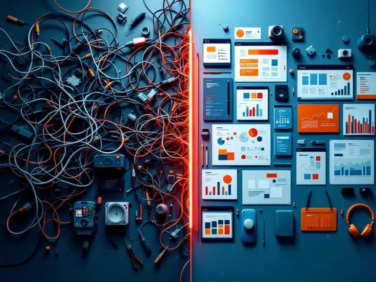 Split-Screen-Vergleich: chaotische Ressourcenverwaltung mit Kabeln und Werkzeugen links, organisierte digitale Arbeitsabläufe rechts
