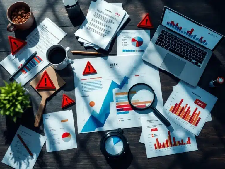 Büroschreibtisch mit Risikobewertungsmatrizen, Warndreiecken und Laptop mit Risikoanalyse-Diagrammen von oben