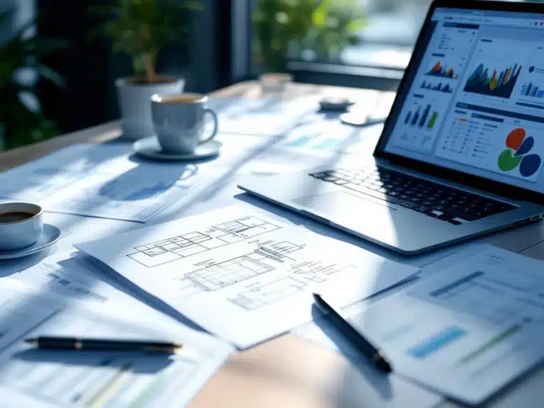 Moderner Arbeitsplatz mit Laptop, digitalen Dokumenten und Bauplänen in professioneller Büroumgebung