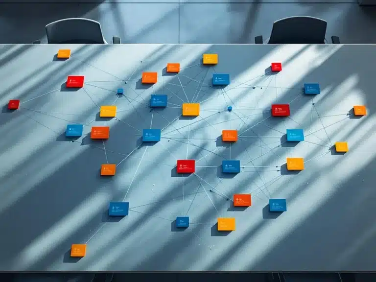 Konferenztisch von oben mit vernetzten Stakeholder-Karten für Kunden, Mitarbeiter, Investoren und Partner in Blau-Grau-Tönen