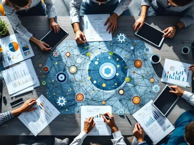Moderne Konferenztischansicht mit Stakeholder-Mapping-Diagrammen, Netzwerkvisualisierungen und Analysewerkzeugen