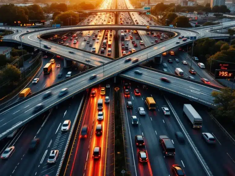 Luftaufnahme einer verstopften Autobahnkreuzung mit Stau, roten Bremslichtern und leeren Fahrspuren dahinter bei Sonnenuntergang