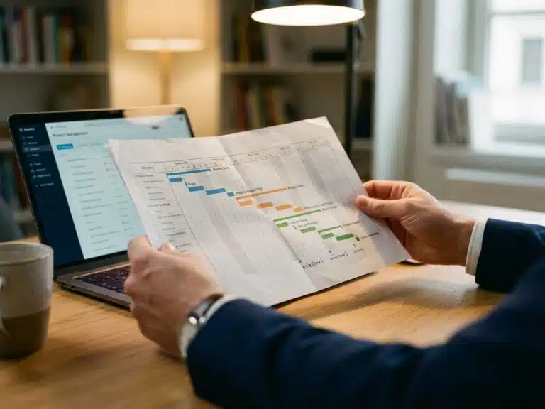 Geschäftsmann hält buntes Gantt-Diagramm mit Projektmeilensteinen über Laptop auf Holzschreibtisch im Büro