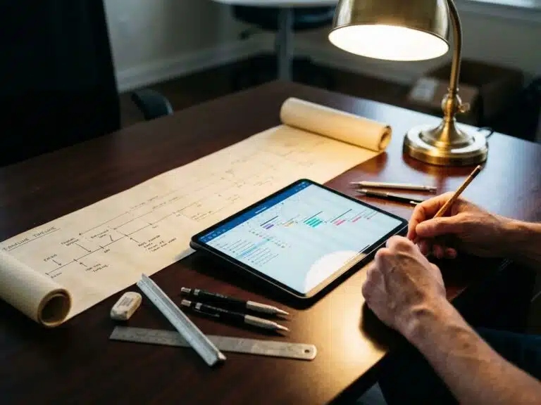 Tablet mit buntem Gantt-Diagramm auf Holzschreibtisch neben Papiertimeline, Stifte und Lineale im warmen Lampenlicht