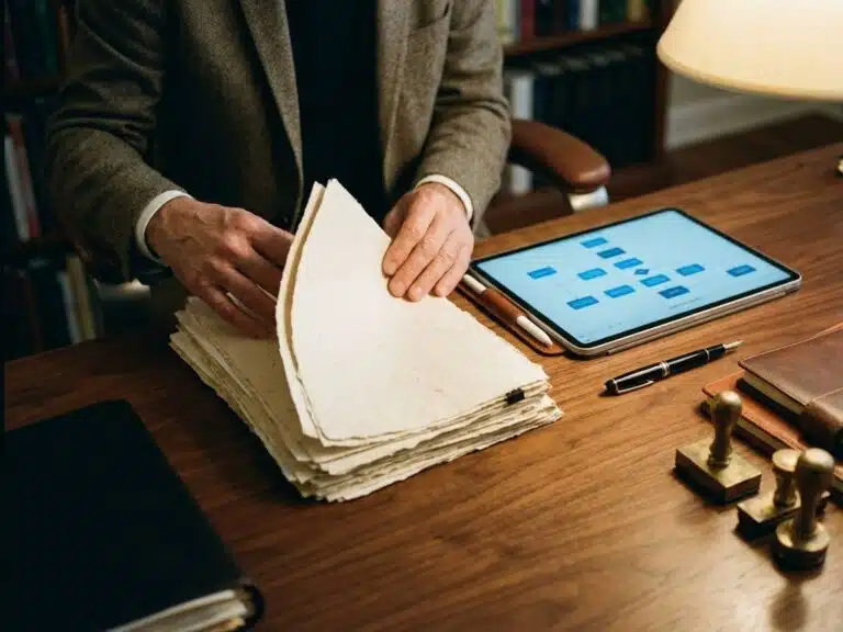 Professionelle Hände prüfen Genehmigungsdokumente am Schreibtisch mit Tablet, Stempel und Stift im Büro
