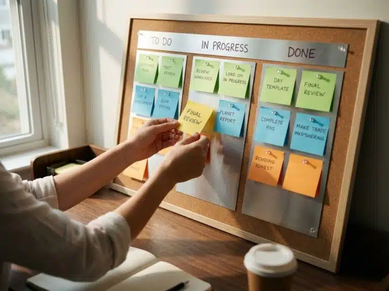 Hände bewegen gelbe Aufgabenkarte auf Kanban-Board mit bunten Haftnotizen in drei Workflow-Spalten