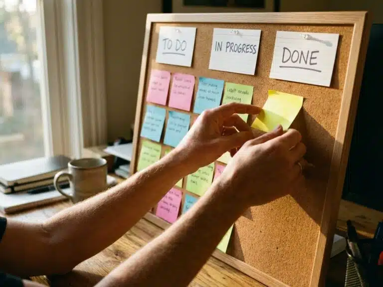 Person bewegt gelbe Aufgabenkarte von "In Progress" zu "Done" Spalte auf Kanban-Board mit bunten Haftnotizen