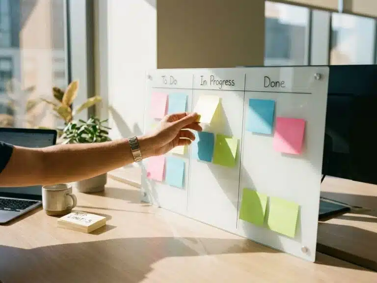Professionelle Hand positioniert Aufgabenkarte auf weißes Kanban-Board mit bunten Haftnotizen im modernen Büro