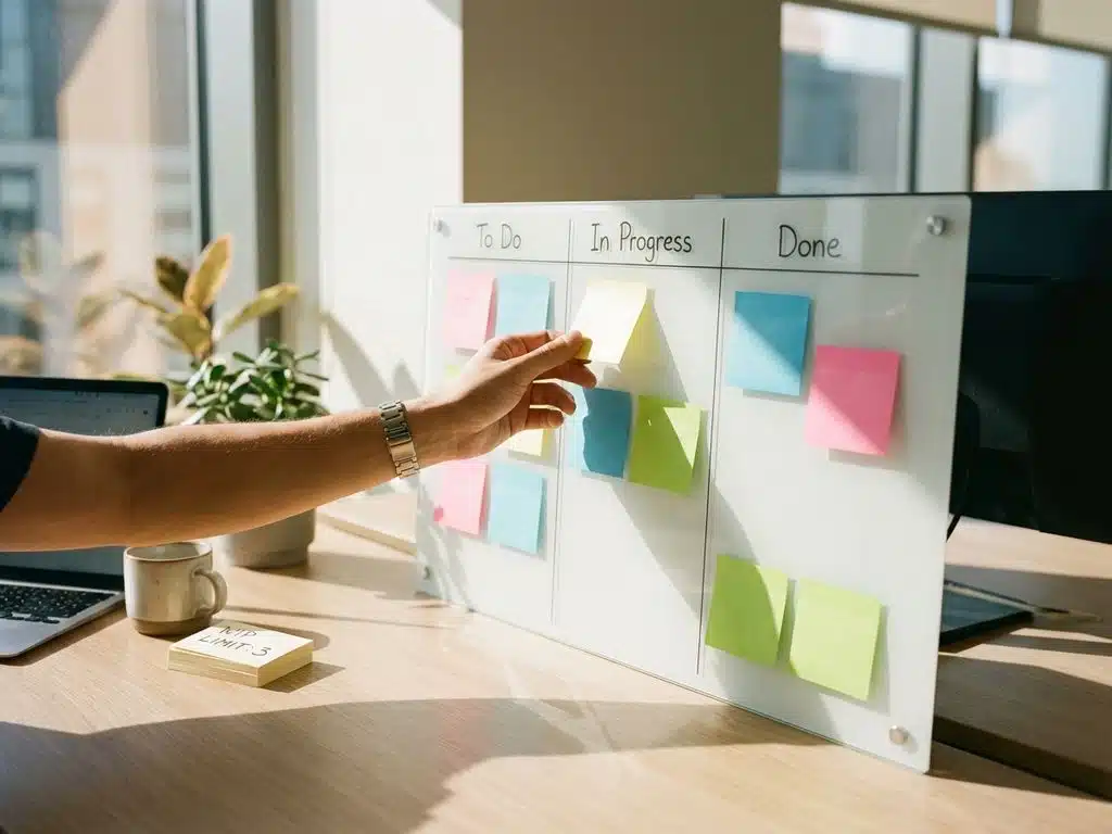 Professionelle Hand positioniert Aufgabenkarte auf weißes Kanban-Board mit bunten Haftnotizen im modernen Büro