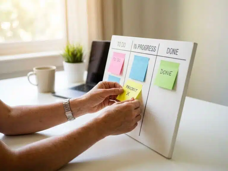 Professionelle Hände bewegen gelbe Aufgabenkarte auf physischem Kanban-Board mit bunten Notizzetteln am Büroarbeitsplatz