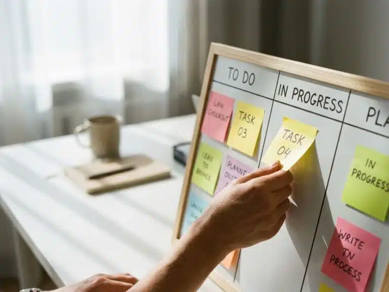Hände bewegen gelbe Aufgabenkarte auf Kanban-Board mit bunten Post-it-Spalten auf weißem Büroschreibtisch