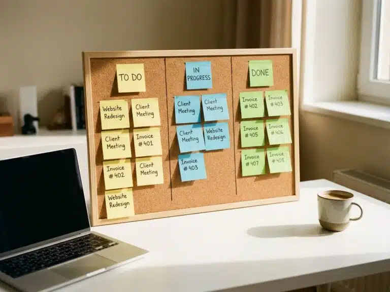 Kanban-Board mit gelben, blauen und grünen Haftnotizen auf weißem Schreibtisch neben Laptop und Kaffeetasse