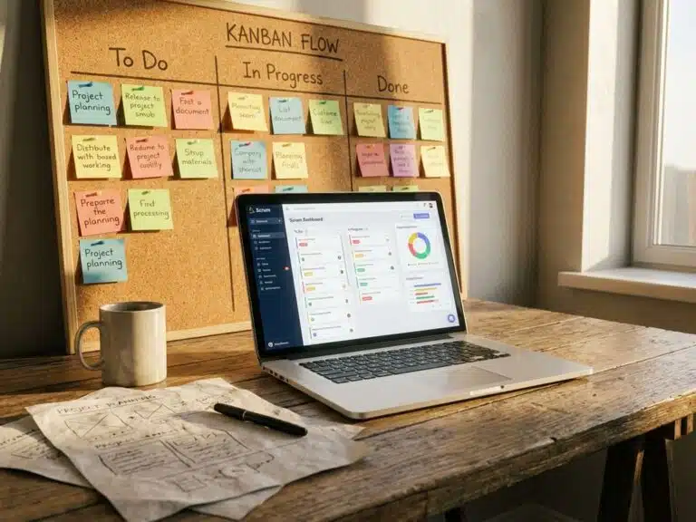 Moderner Schreibtisch mit Kanban-Board und Laptop mit Scrum-Dashboard, Kaffeetasse und Projektunterlagen bei Tageslicht