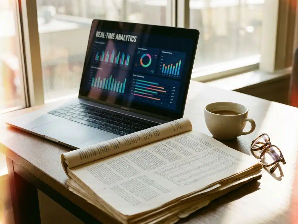 Moderner Laptop mit bunten interaktiven Diagrammen auf Bildschirm, auf Papierstapel mit Kaffeetasse auf Holzschreibtisch