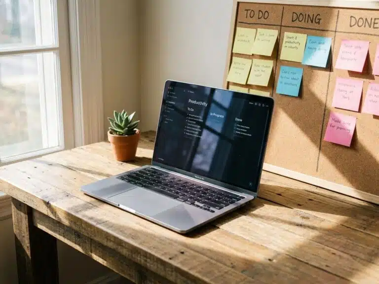 Laptop mit strukturierter Liste auf Bildschirm neben Kanban-Board mit bunten Notizen auf Holzschreibtisch