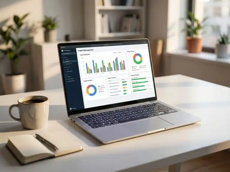 Moderner Laptop mit buntem Projekt-Dashboard auf weißem Schreibtisch neben Kaffeetasse in hellem Büro