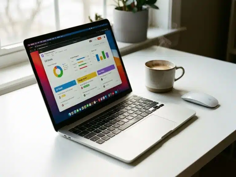 Moderner Laptop mit buntem Projektmanagement-Dashboard auf weißem Schreibtisch, Kaffeetasse und Maus daneben
