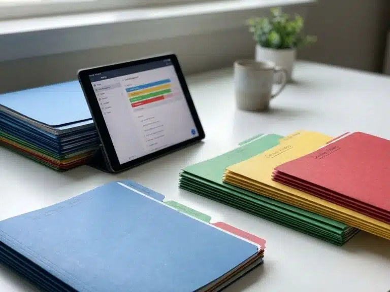 Farbkodierte Ordner ordentlich gestapelt auf weißem Schreibtisch mit Tablet, das Aufgabenverwaltung zeigt