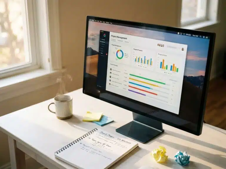 Moderner Computer-Monitor mit buntem Projekt-Dashboard auf weißem Schreibtisch neben Notizbuch, Kaffeetasse und Haftnotizen