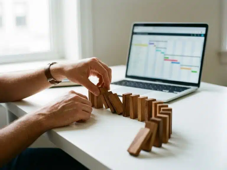 Professionelle Hände ordnen Holzbausteine in Dominoformation auf weißem Schreibtisch mit Laptop im Hintergrund an