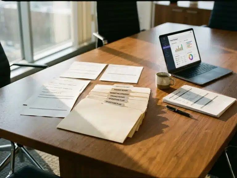 Geschäftsvorlagen und Manila-Ordner auf Konferenztisch mit geöffnetem Laptop und Kaffeetasse im hellen Büro