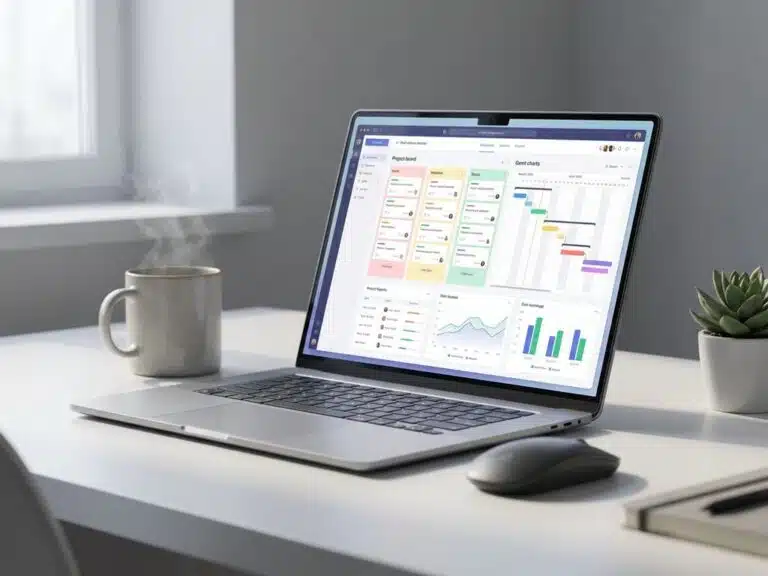 Laptop mit Projektmanagement-Dashboard auf weißem Schreibtisch, Kaffeetasse und Maus daneben, natürliches Licht