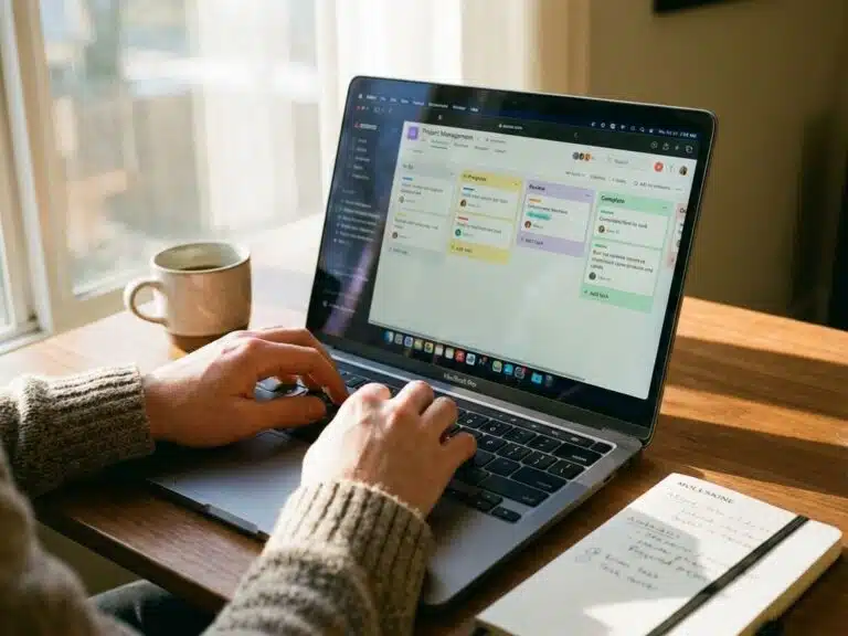 Projektmanagement-Dashboard auf Laptop-Bildschirm mit farbigen Aufgabenspalten, Hände über Tastatur, Arbeitsplatz