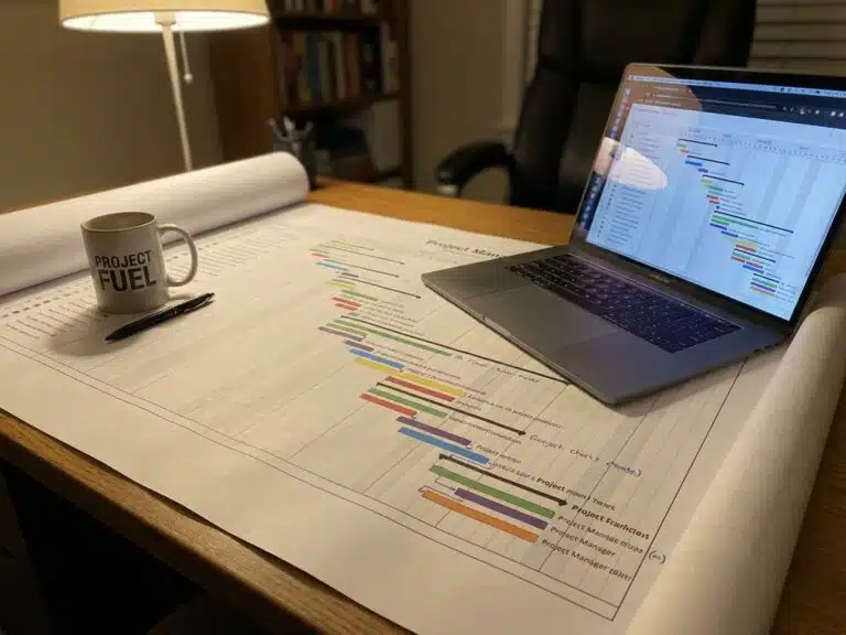 Gantt-Diagramm auf Projektmanager-Schreibtisch mit Laptop, farbigen Zeitbalken und Aufgabenabhängigkeiten sichtbar