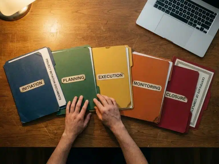 Projektmanager-Schreibtisch mit fünf farbigen Ordnern in Reihenfolge der Projektphasen, Laptop und Hände im Büro