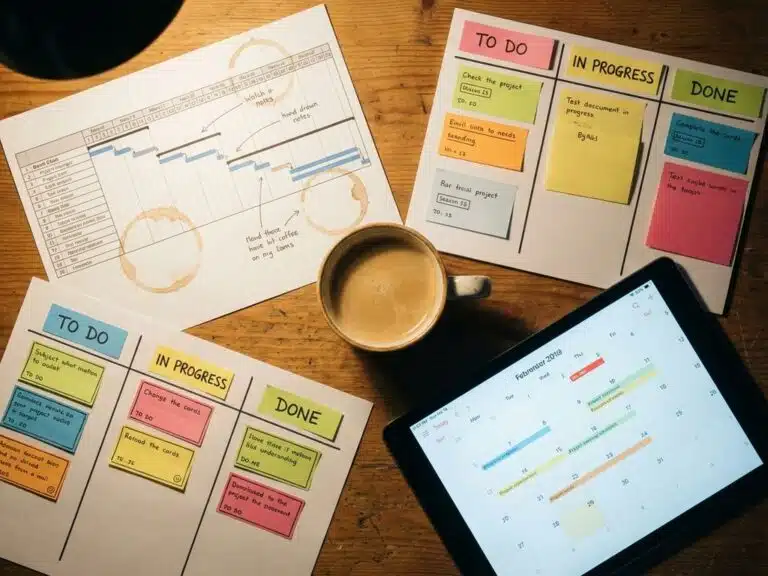 Projektmanager-Schreibtisch von oben mit Gantt-Diagramm, Kanban-Board und Tablet-Kalender um eine Kaffeetasse angeordnet