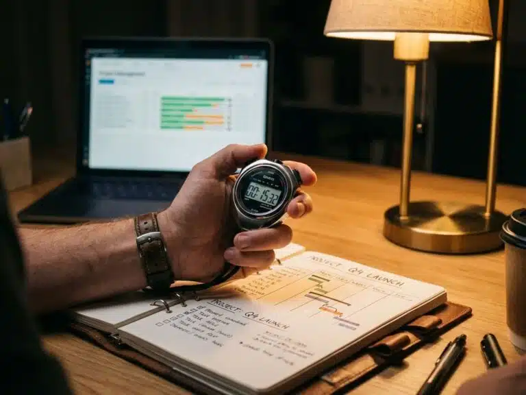 Hand mit Stoppuhr über geöffnetem Projektplanungsnotizbuch mit Zeitplänen, Laptop mit Dashboard im Hintergrund