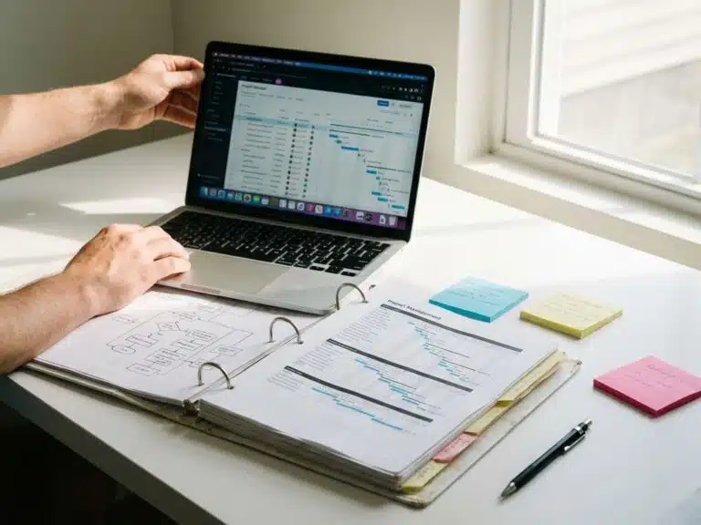 Offener Projektmanagement-Ordner mit Workflow-Charts neben Laptop mit digitaler Projektvorlage auf weißem Schreibtisch