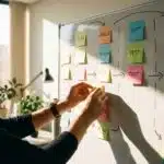Projektmanager ordnet bunte Haftnotizen auf Whiteboard zu Workflow-Diagramm mit Pfeilen in modernem Büro
