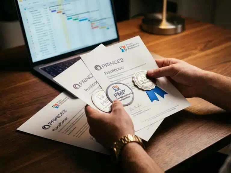 Professionelle Hände halten PMP, Scrum Master und PRINCE2 Zertifikate auf Holzschreibtisch mit Laptop im Hintergrund